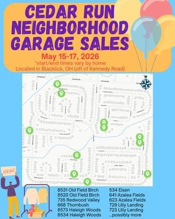 Cedar Run NEIGHBORHOOD Garage Sales, May 15-17, 2026