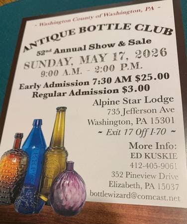 Washington County Antique Bottle Show & Sale - Sunday, May 17, 2026